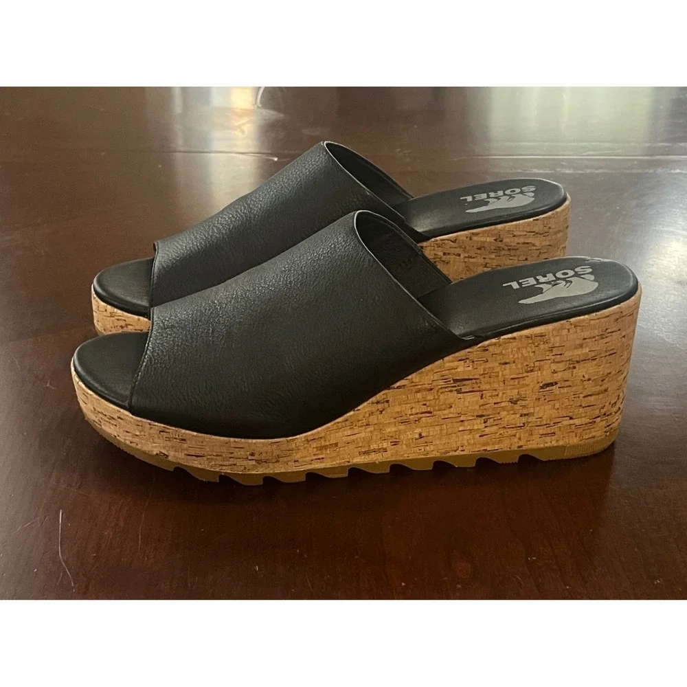 Sorel Cameron Flatform Wedge Mules Black Leather Cork Sandals NL4643-011 Size 12